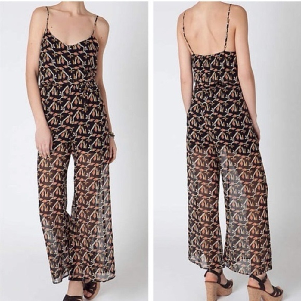 Anthropologie Dolan Black Multi Rolakan Tapestry Print Strap Silk Jumpsuit Sz S